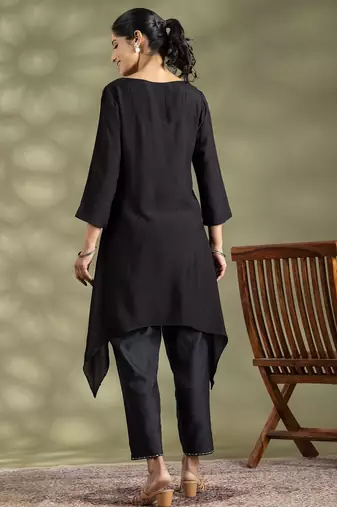 Black cotton floral print kurta set