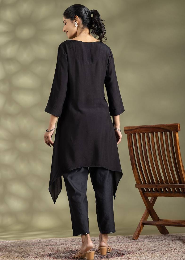 Black cotton floral print kurta set