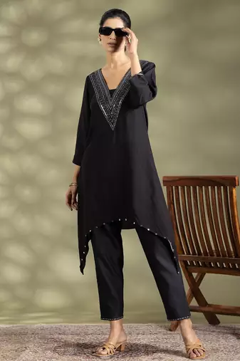Black cotton floral print kurta set