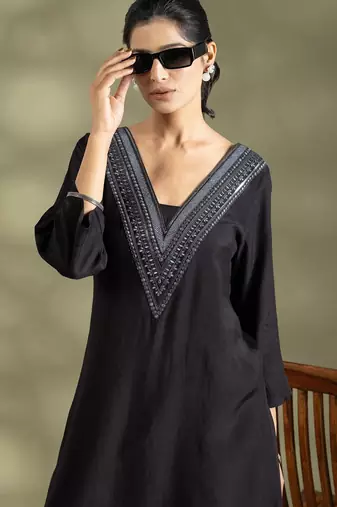 Black cotton floral print kurta set