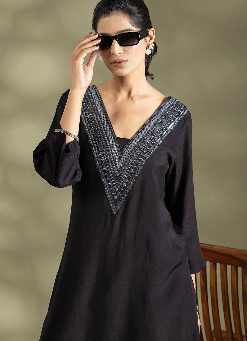 Black cotton floral print kurta set