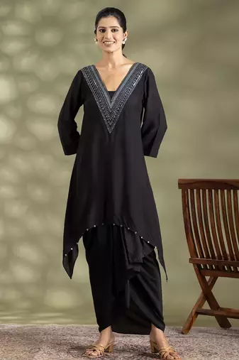 Black cotton floral print kurta set