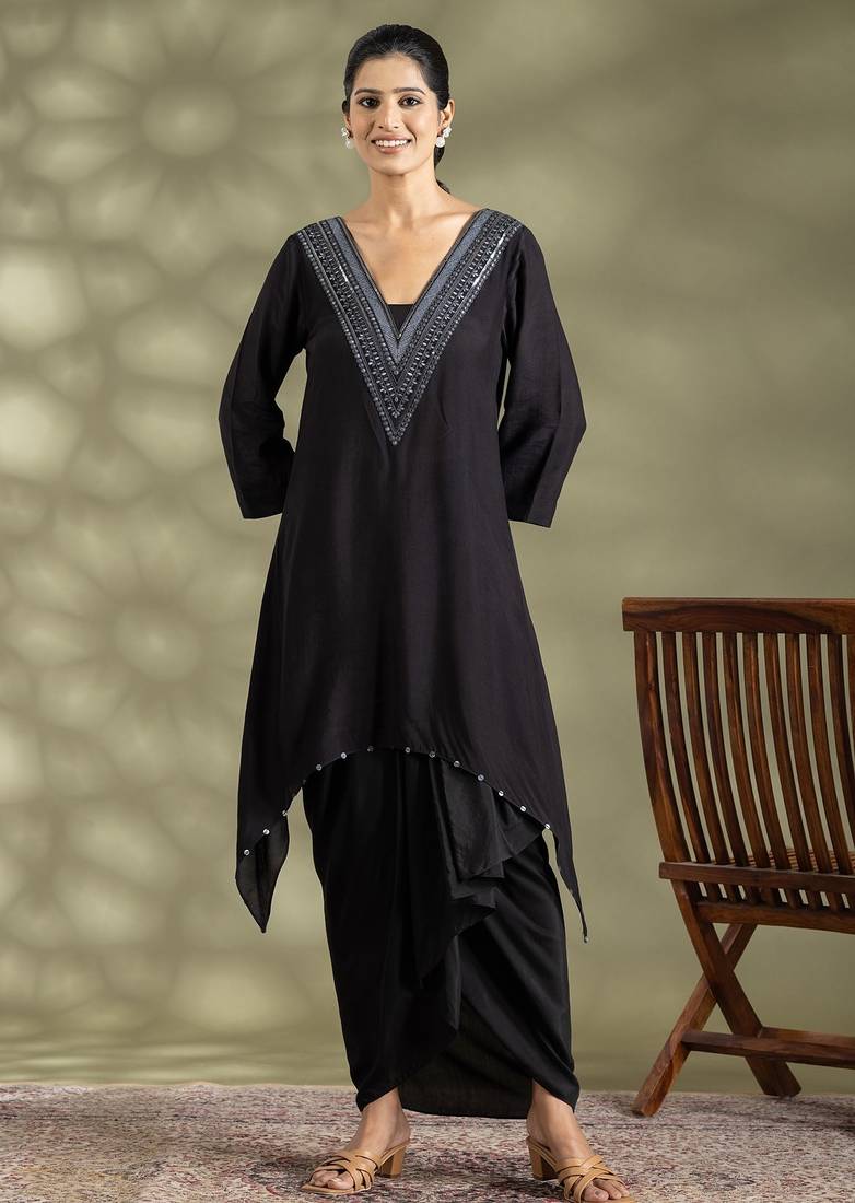 Black cotton floral print kurta set