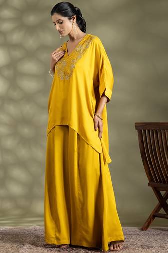 Yellow cotton floral print kurta set