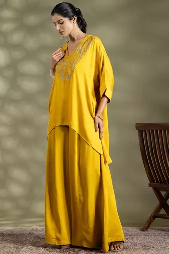 Yellow cotton floral print kurta set