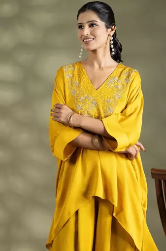 Yellow cotton floral print kurta set