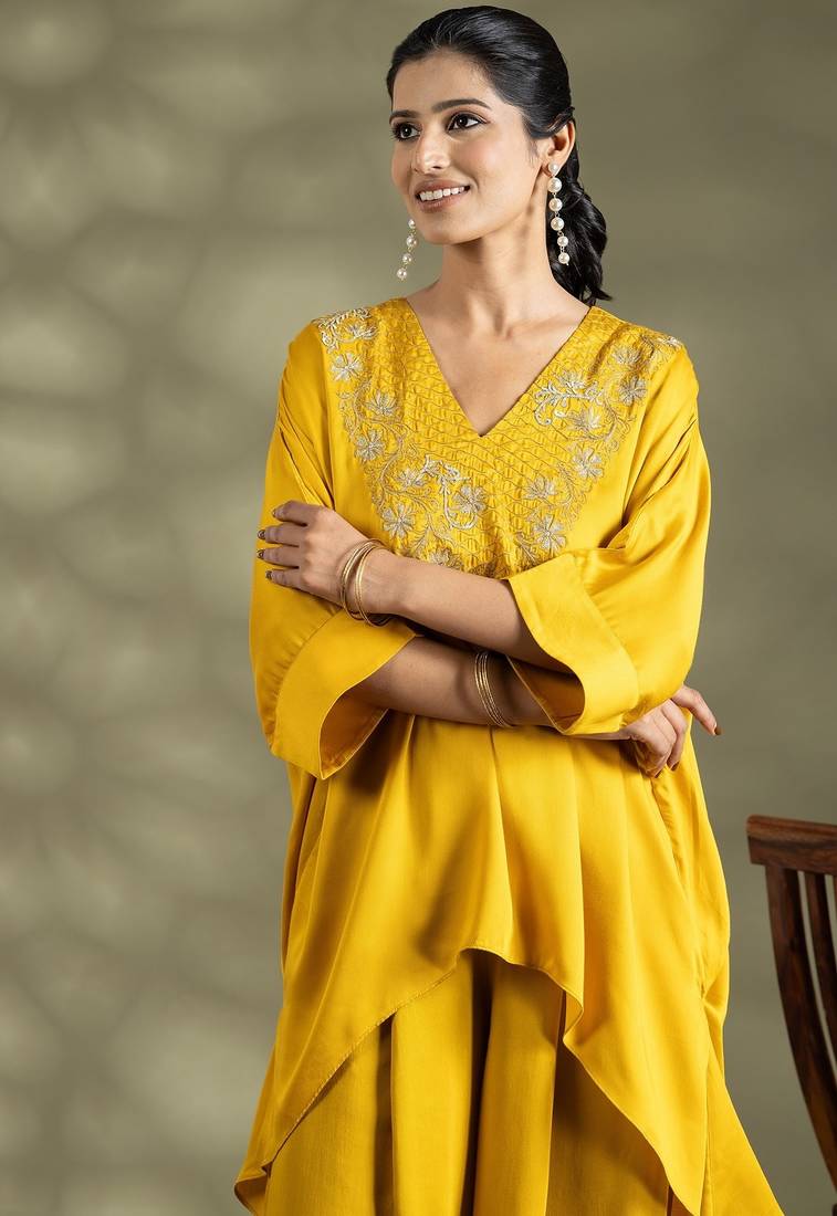 Yellow cotton floral print kurta set