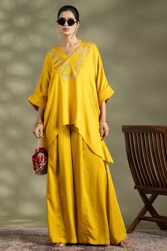 Yellow cotton floral print kurta set
