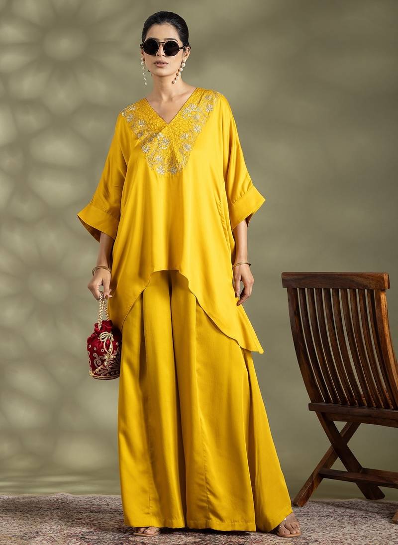 Yellow cotton floral print kurta set