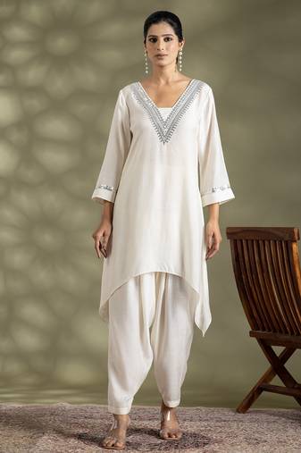 Off white cotton floral print kurta set