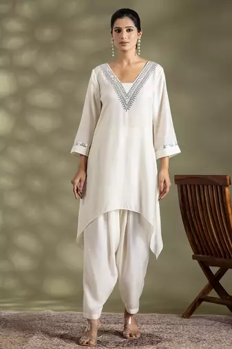 Off white cotton floral print kurta set