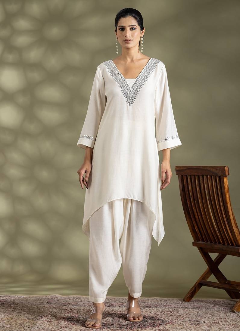 Off white cotton floral print kurta set