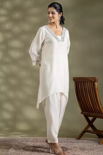 Off white cotton floral print kurta set