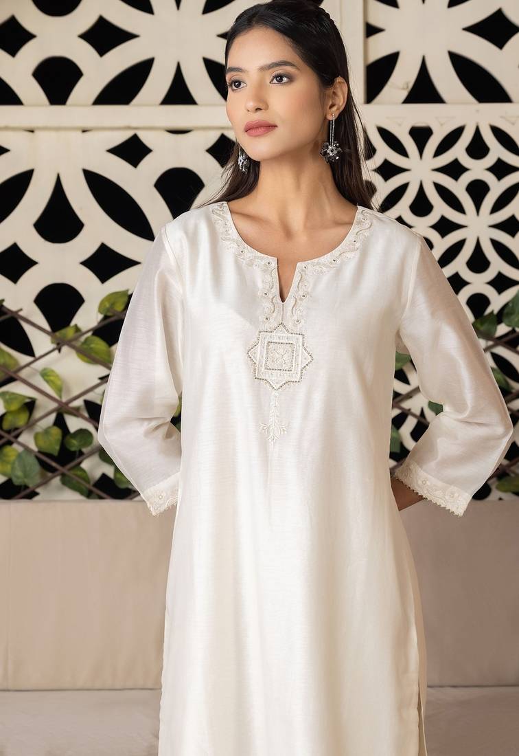 Off white chanderi silk floral print kurta set