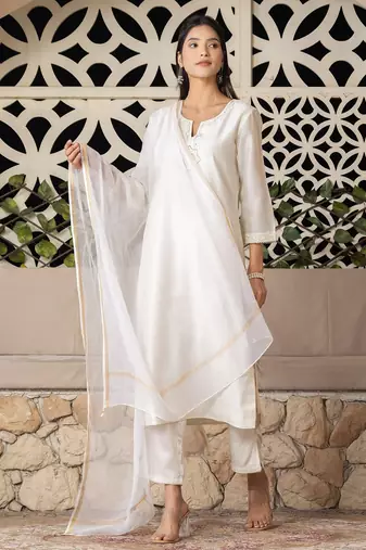 Off white chanderi silk floral print kurta set