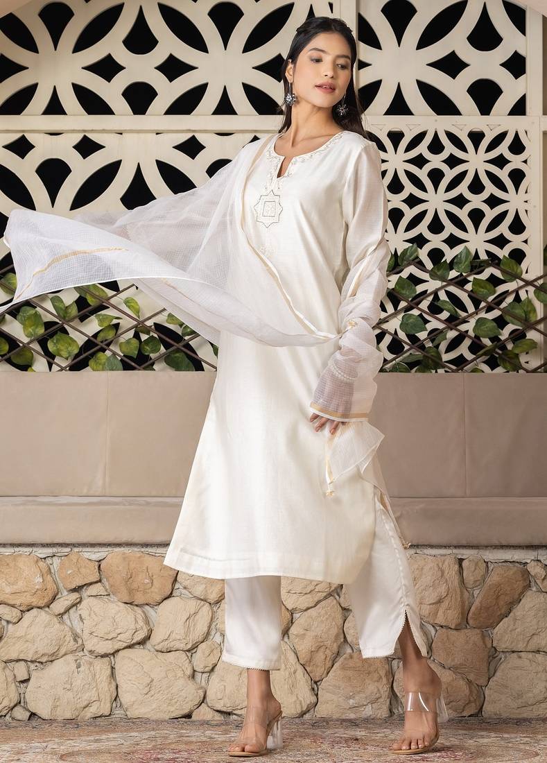 Off white chanderi silk floral print kurta set
