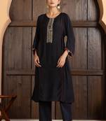 Black chanderi silk floral print kurta set