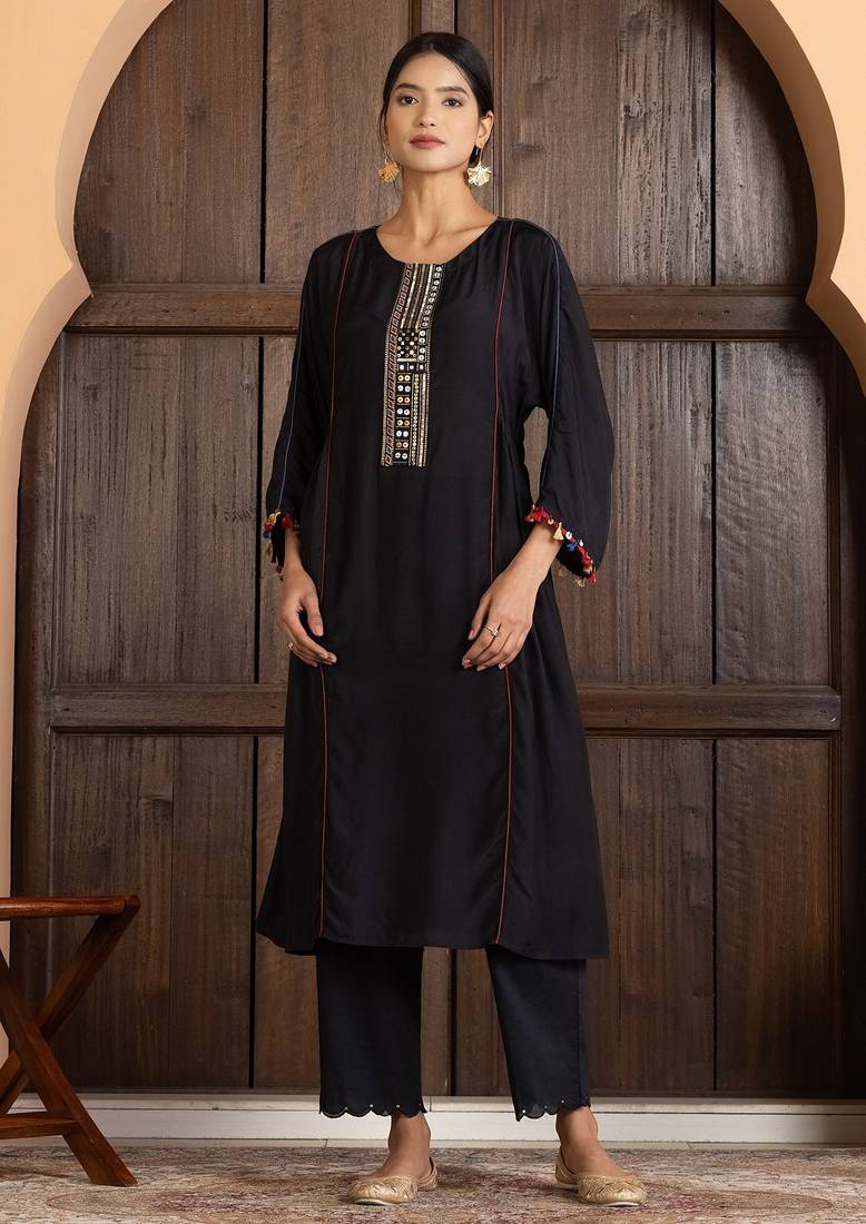 Black chanderi silk floral print kurta set