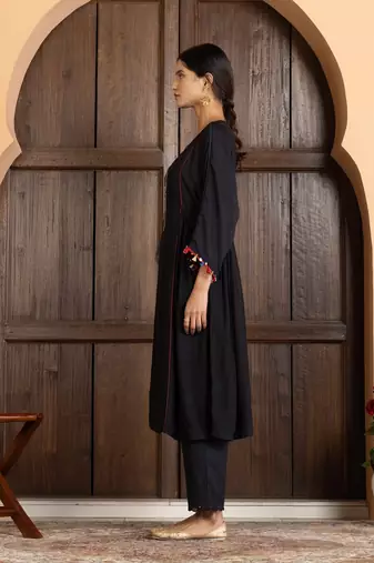 Black chanderi silk floral print kurta set
