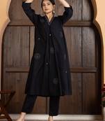 Black chanderi silk floral print kurta set