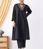 Black chanderi silk geometric print kurta set