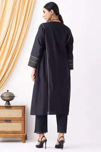 Black chanderi silk geometric print kurta set
