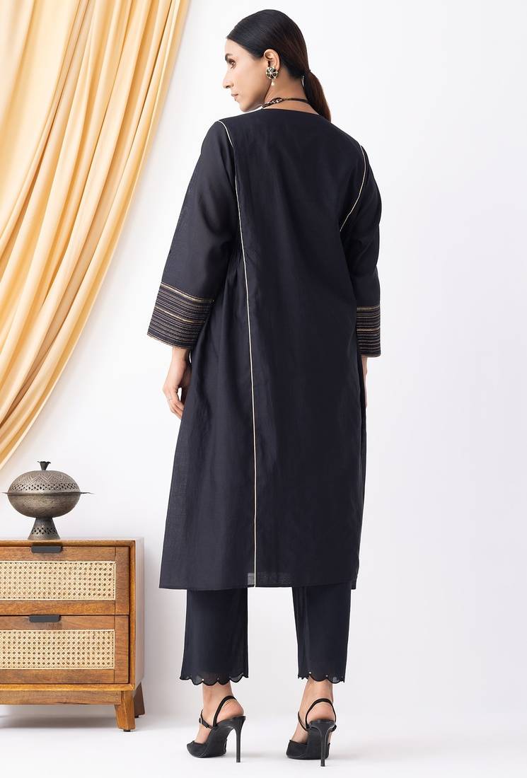 Black chanderi silk geometric print kurta set