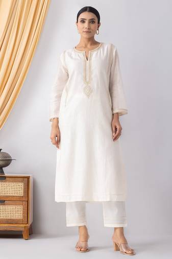 Ivory chanderi silk geometric print kurta set