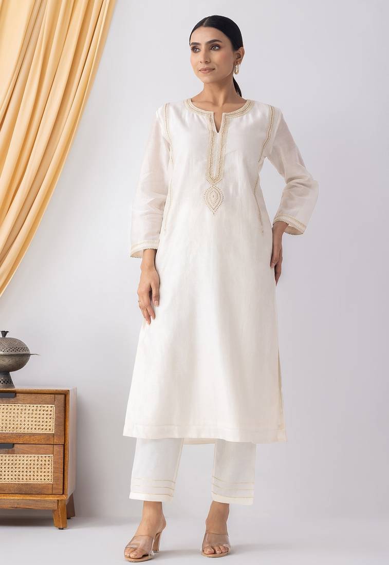 Ivory chanderi silk geometric print kurta set