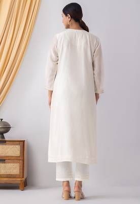 Ivory chanderi silk geometric print kurta set 4