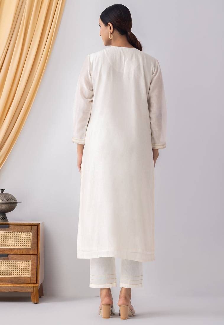 Ivory chanderi silk geometric print kurta set