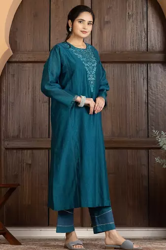 Green chanderi silk floral print kurta set
