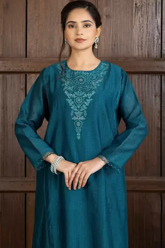 Green chanderi silk floral print kurta set