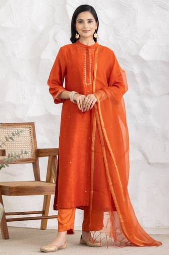 Orange chanderi silk floral print kurta set
