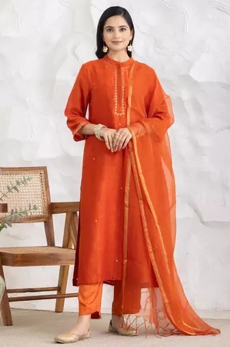 Orange chanderi silk floral print kurta set