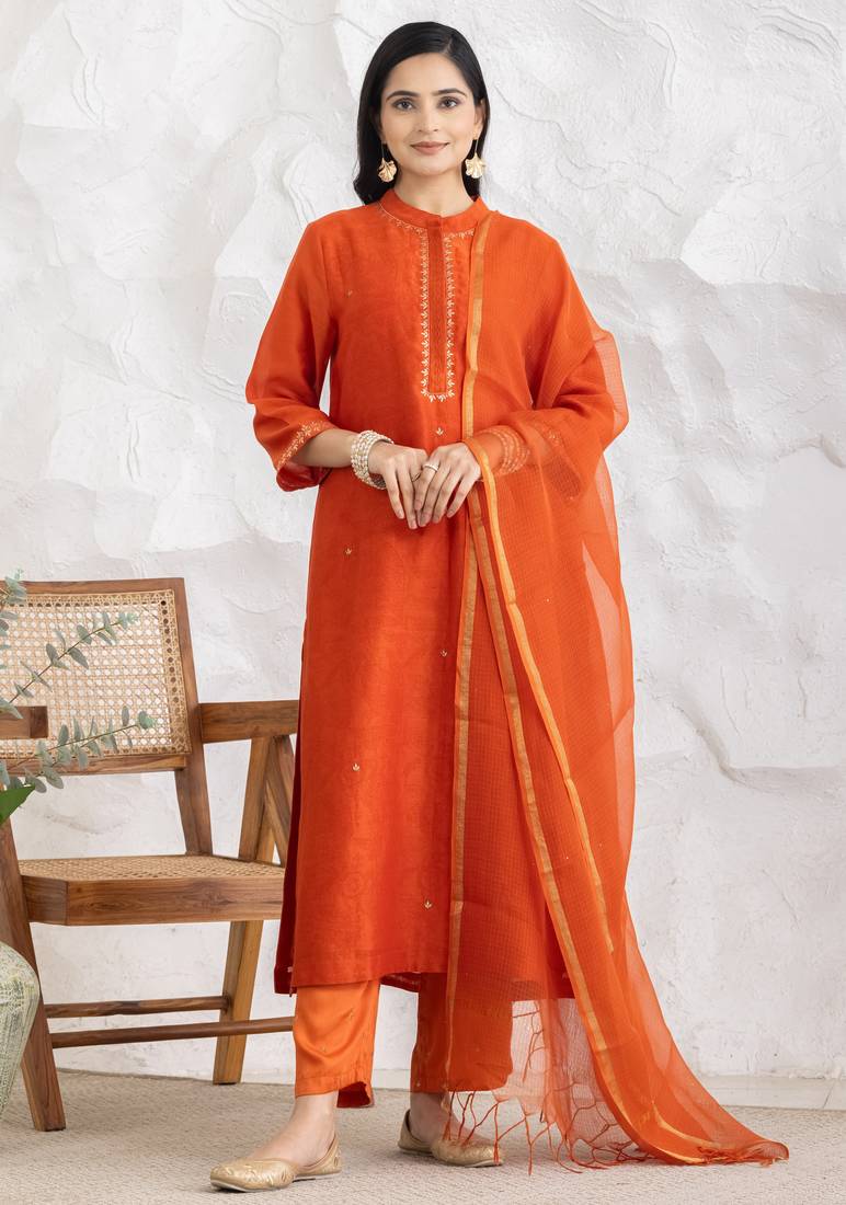 Orange chanderi silk floral print kurta set