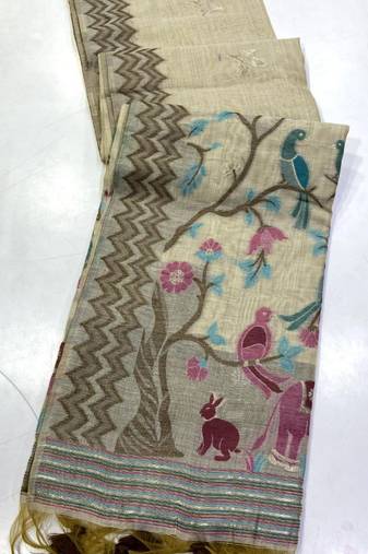 Cream Color folk-style narrative weave Cotton Saree