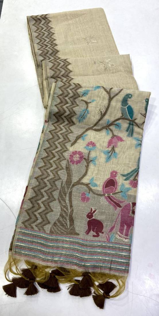 Cream Color folk-style narrative weave Cotton Saree