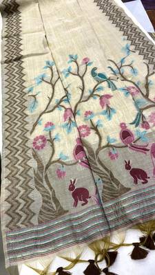 Cream Color folk-style narrative weave Cotton Saree 3