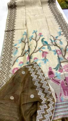 Cream Color folk-style narrative weave Cotton Saree 4