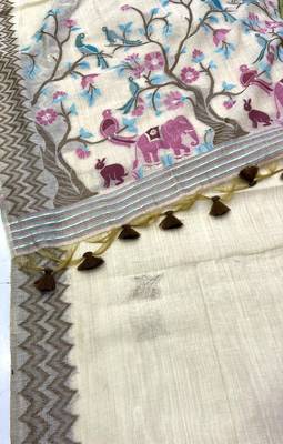 Cream Color folk-style narrative weave Cotton Saree 5