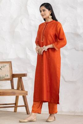 Orange chanderi silk floral print kurta set 3