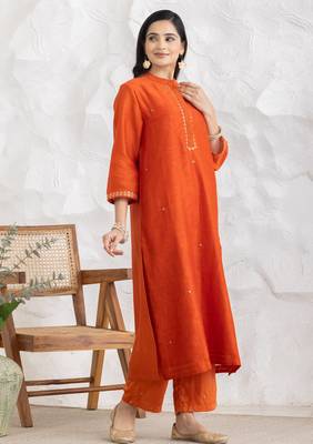 Orange chanderi silk floral print kurta set 5
