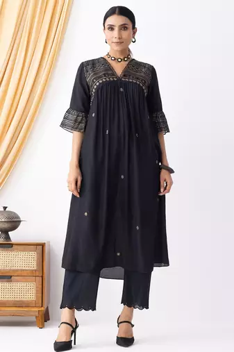 Black art silk geometric print kurta set