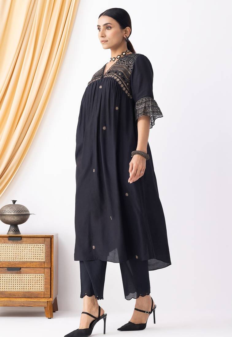 Black art silk geometric print kurta set