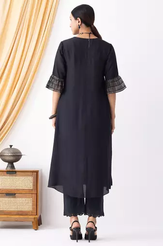 Black art silk geometric print kurta set