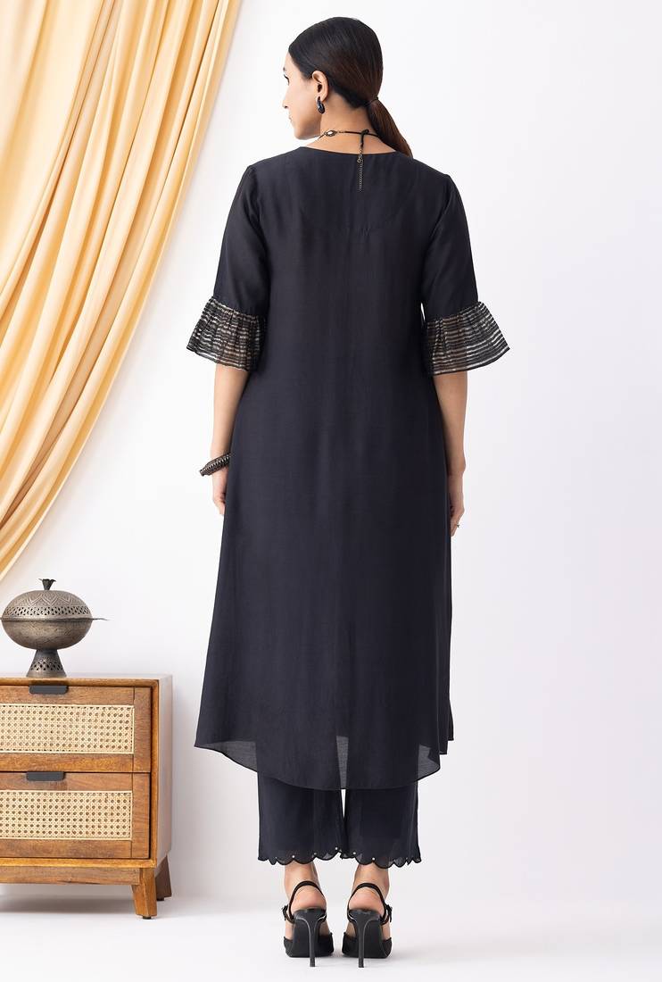 Black art silk geometric print kurta set