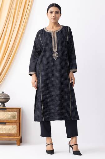 Black art silk geometric print kurta set
