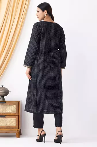 Black art silk geometric print kurta set