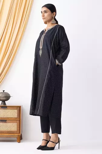 Black art silk geometric print kurta set